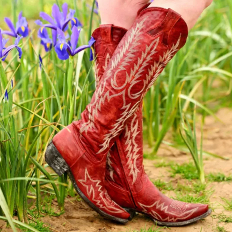 2024 Embroidered Cowgirl Boots Shoes Women Slip On Western Knee High Boots Fashion Low Heels Square Toe Cowboy Boots