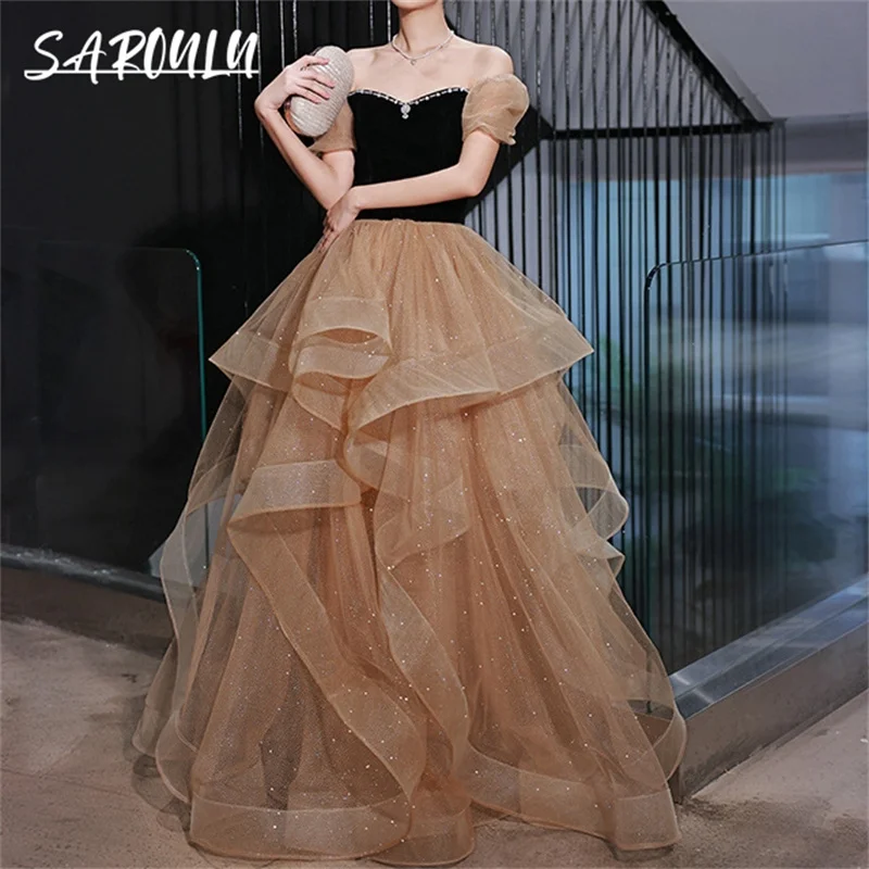 

Tiered Sparkle Tulle Ballgown Evening Dress With Off The Shoulder Sleeves Long Prom Dress Cocktail Hostess Pageant Party Gown