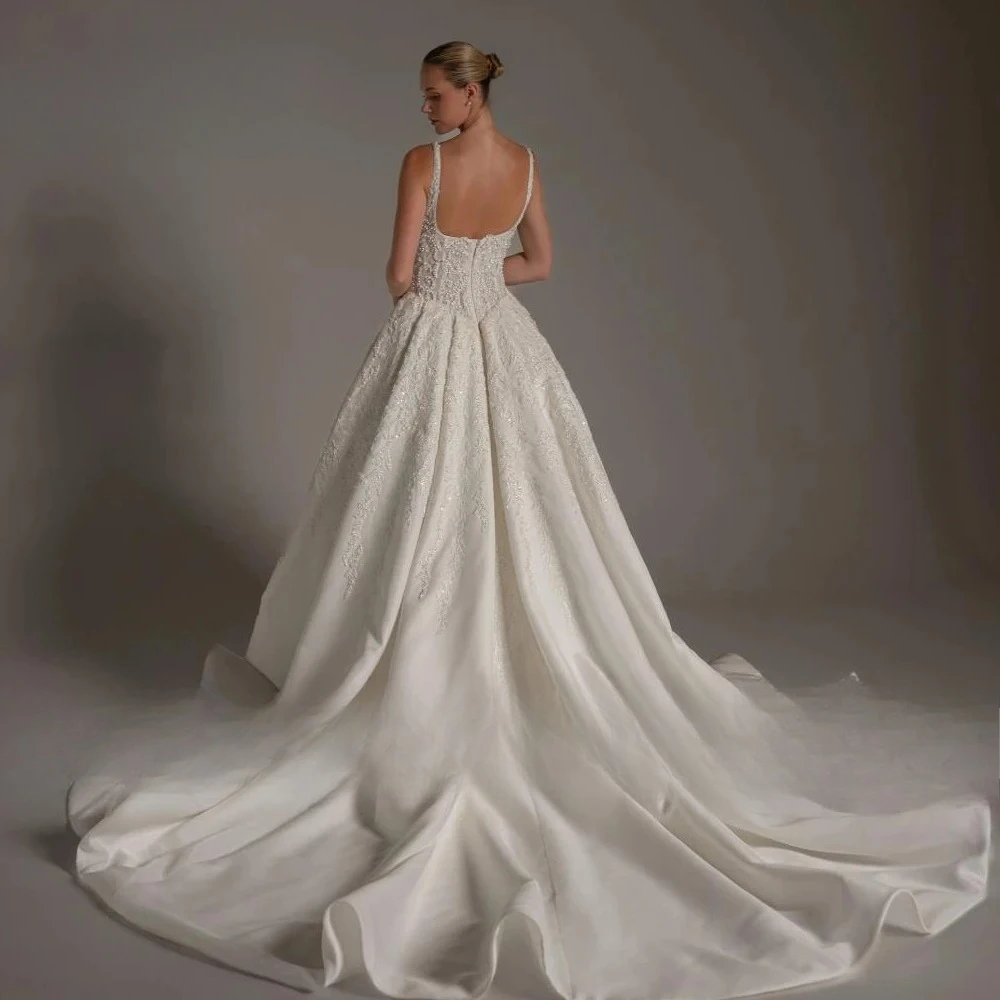A-Line Delicate Wedding Dresses Boat Neck Sleeveless Vestido De Novia Lace Beaded Matte Satin Custom Made Bridal Gown