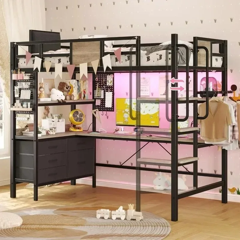 Twin Loft Bed with Desk, LED Lights, Charging Station, 5 Drawers, 2 Pegboards, Safety Guard Ladder, Bunk Bed Design