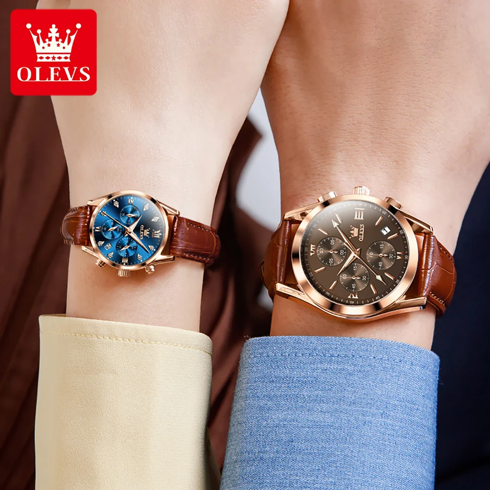 OLEVS-Montre à quartz chronographe de marque de luxe pour hommes et femmes, bracelet en cuir, étanche, calendrier Shoe, montres de couple à la mode