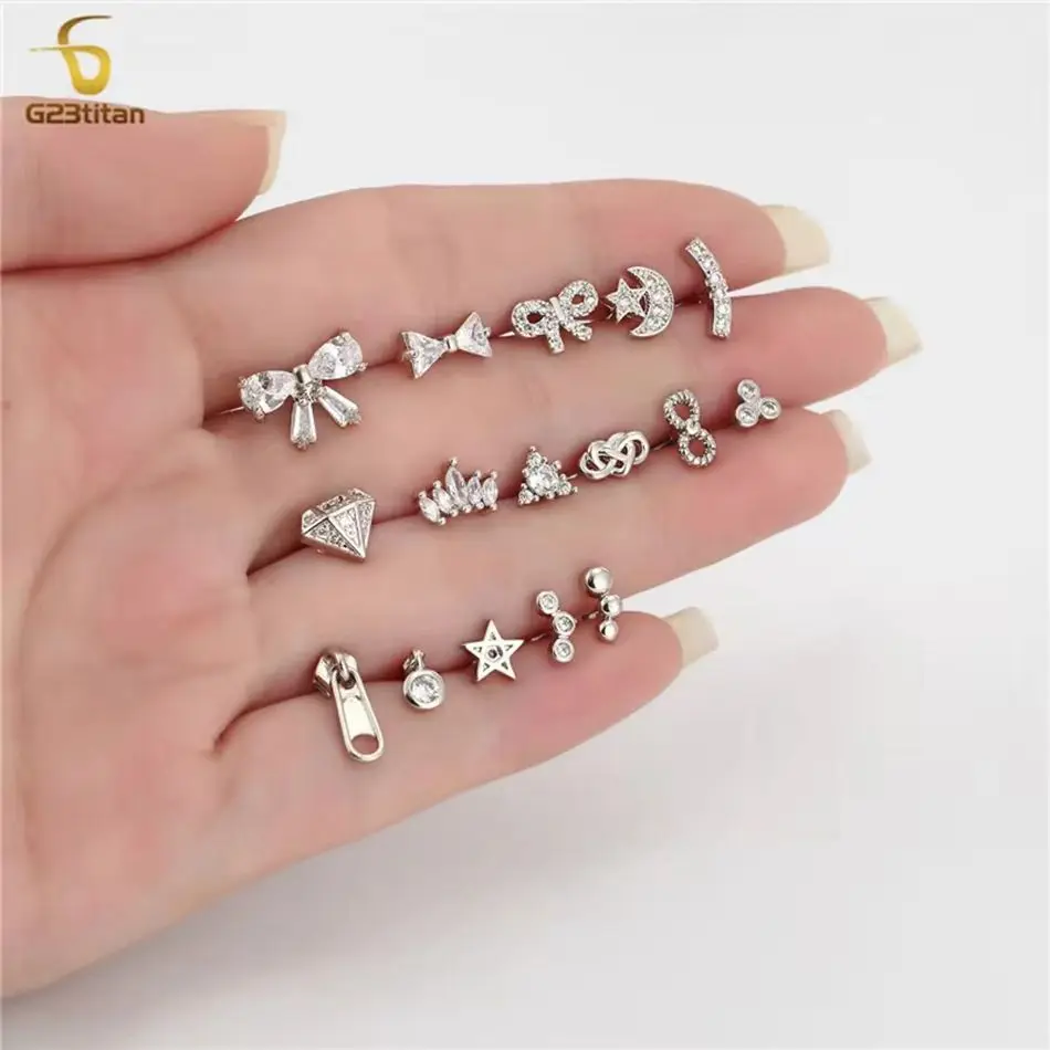 Boucles d'oreilles couleur argent 16G, 1 pièce, titane ou acier, Cartilage Helix Tragus Lobe, Piercing chirurgical pour femmes, bijoux de corps
