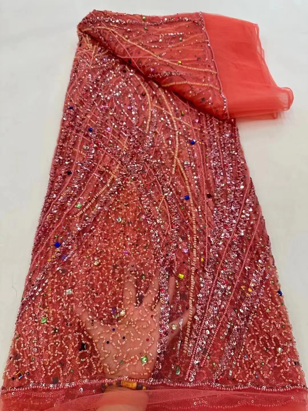 

Latest Luxury African Lace Fabric High Quality Handmade Sequence Beaded Lace Fabric For Women Wedding Party Dress Mesh Fabric
