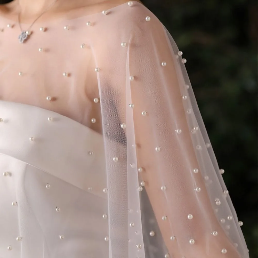 Fashion Lace Bride Wedding Dress Shawl Party Jacket Wraps Dress Decor Pearl Cape Soft Sheer Jewel Collar For Women Dress image 5