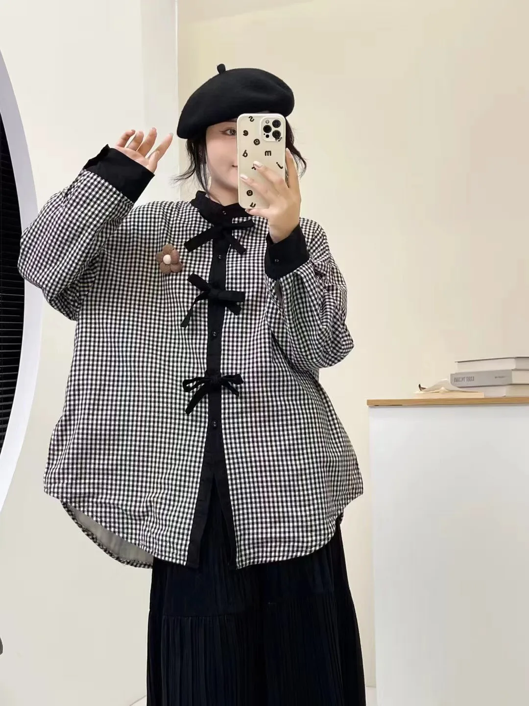 Hoge kwaliteit dames 100% katoenen blouse shirt geruite fleece lange mouw OL elegant shirt dames strik sluiting 2025 top shirts