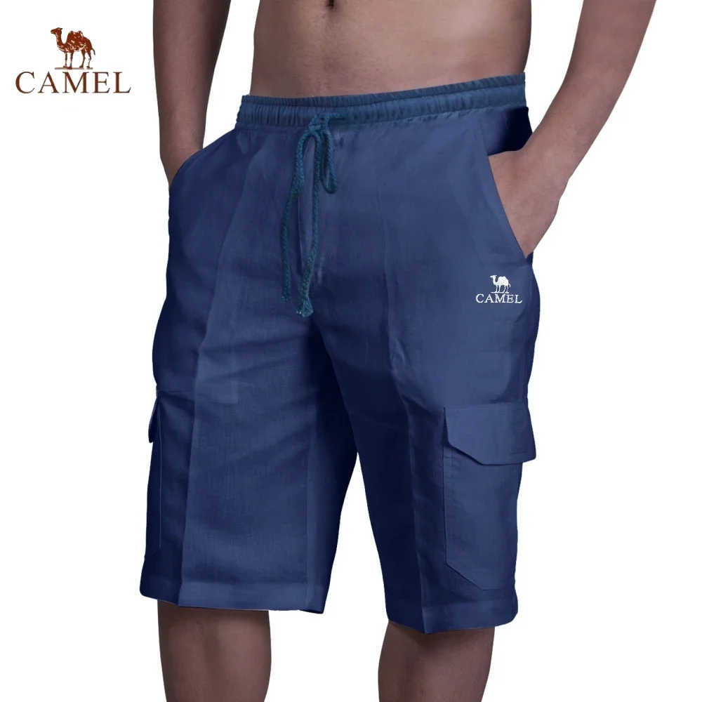 New Embroidered CAMEL Pure Cotton Linen Work Shorts Summer Men\'s Fashion Casual Multi Pocket Breathable Beach Swimming Pants