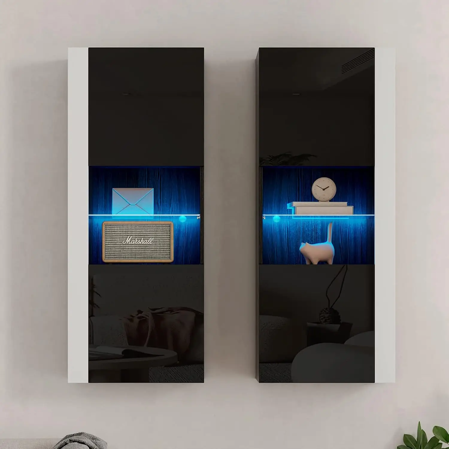 Armarios de almacenamiento de pared con luces LED, armarios colgantes modernos de alto brillo con 4 puertas cerradas y estantes de vidrio abiertos, para sala de estar