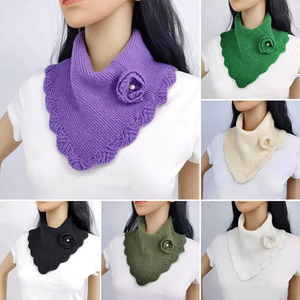 

Crochet Flower Women Knit Triangle Scarf Solid Color Neckerchief Wavy Edge False Collar Detachable Windproof Neck Warmer