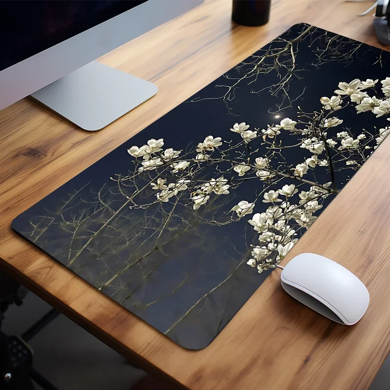 White Blossom Mouse Pad Elegant Floral Desk Mat Desk Accessories for Office Natural Rubber Stitched Edge Deskpad Gift for Friend