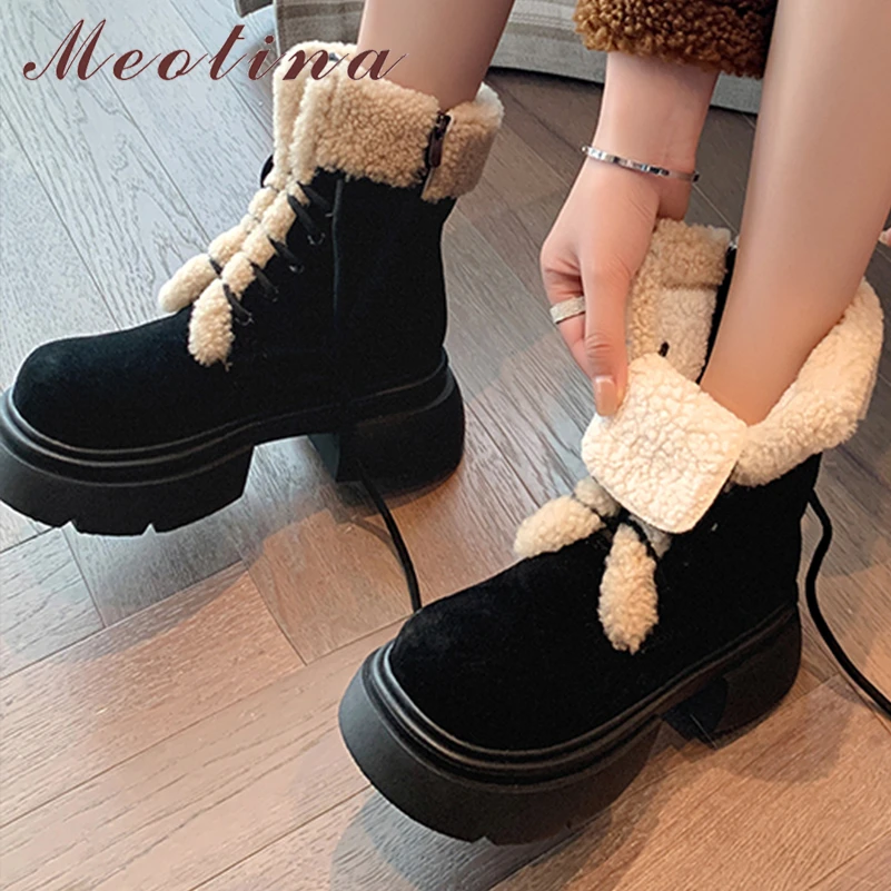 

Meotina Women Genuine Leather Ankle Short Boots Round Toe Thick Mid Heels Wool Zipper Platform Combat Boots Ladies Shoes Winter