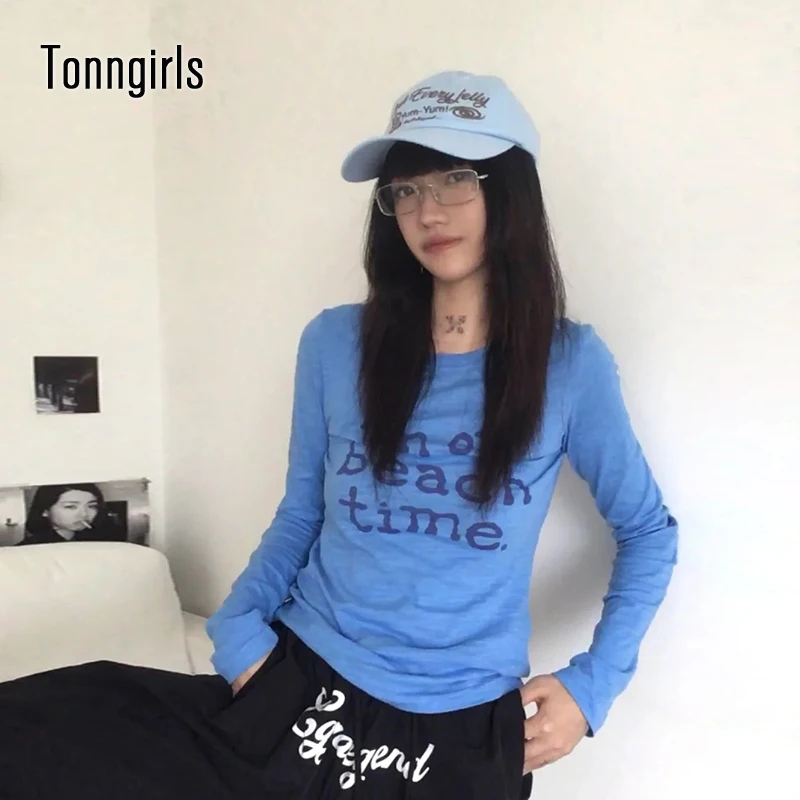 Tonngirls Harajuku Print Letter T-shirt Women Long Sleeve Blue Tee Tops Y2k Vintage Grunge Tops 2000s Japanese Streetwear Tshirt