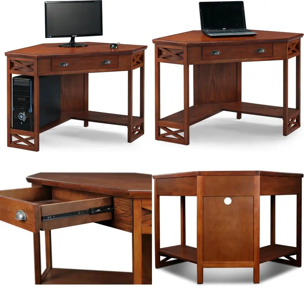 

Corner Writing Desk with Drop Front Keyboard Drawer, Oak Finish