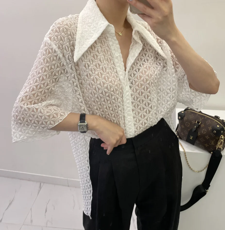 SuperAen 2024 Summer Vintage High Quality Flower Jacquard Lace Shirt for Women