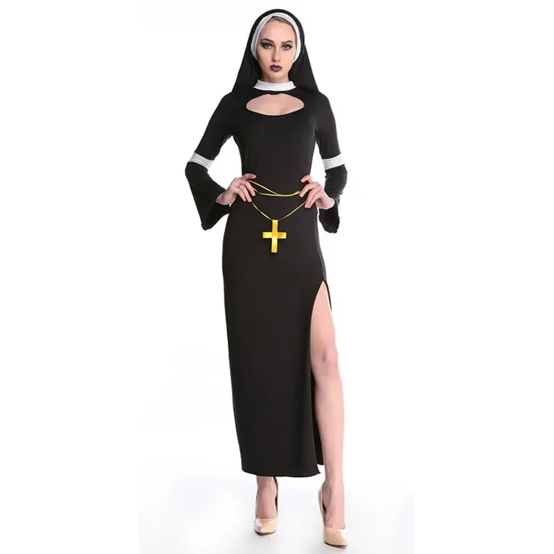RT01 Umorden disfraces de Halloween para mujeres disfraz de monja Sexy alta división fantasía Adulto Cosplay ropa vestido pañuelo para la cabeza C * JK2