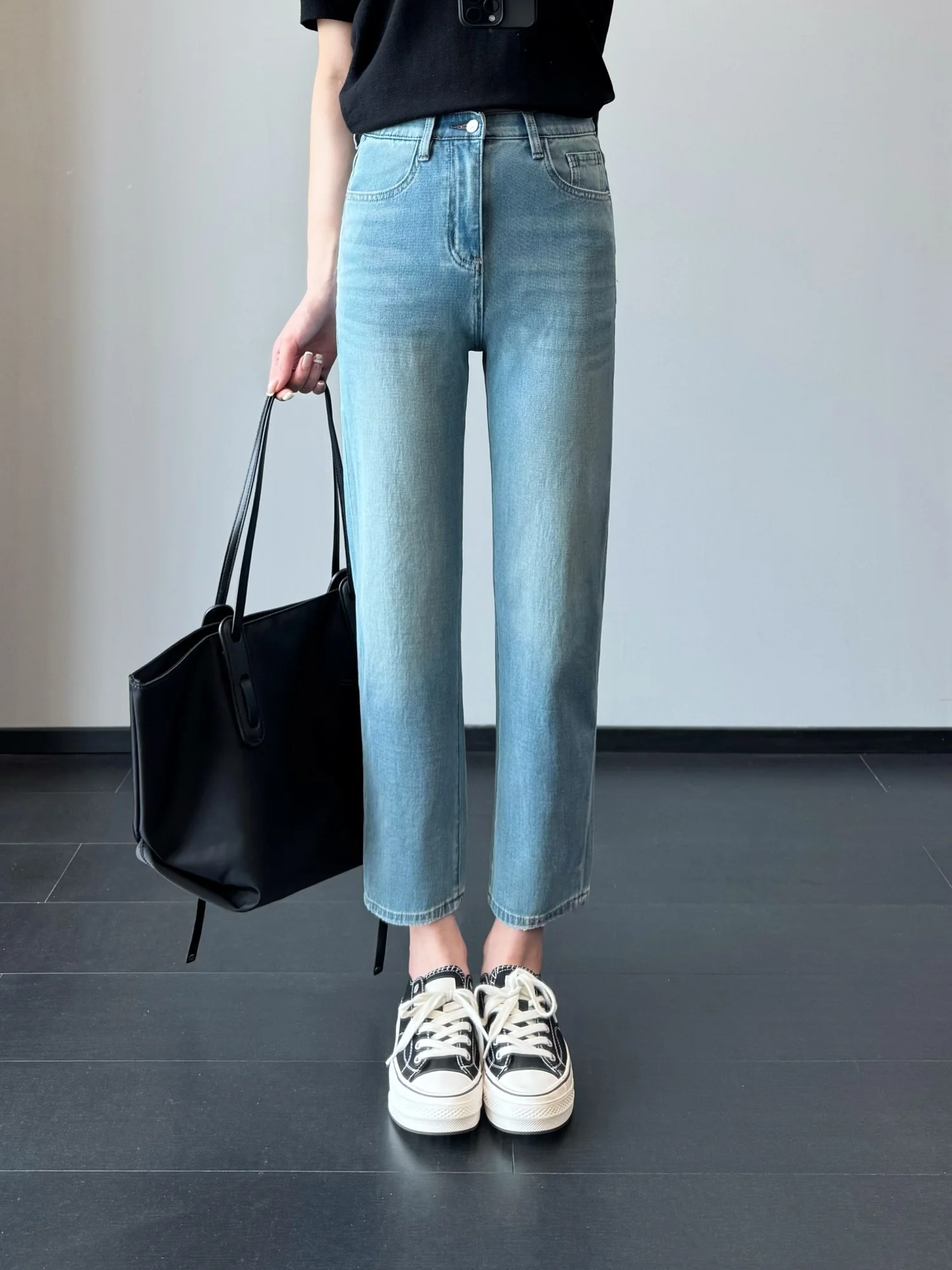 

Slimming Straight Leg Casual Pants Elastic Waist Thin Summer Denim Jeans Women's High Waist Straight Fit Summer New 26