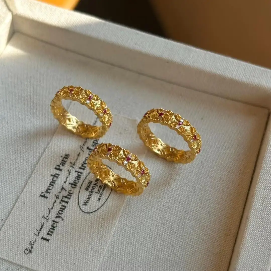 

New Style Chinese Court Golden Lace Hollow out Open Ring for Women Fashionable Luxury Vintage Elegant Design Jewelry Accessory