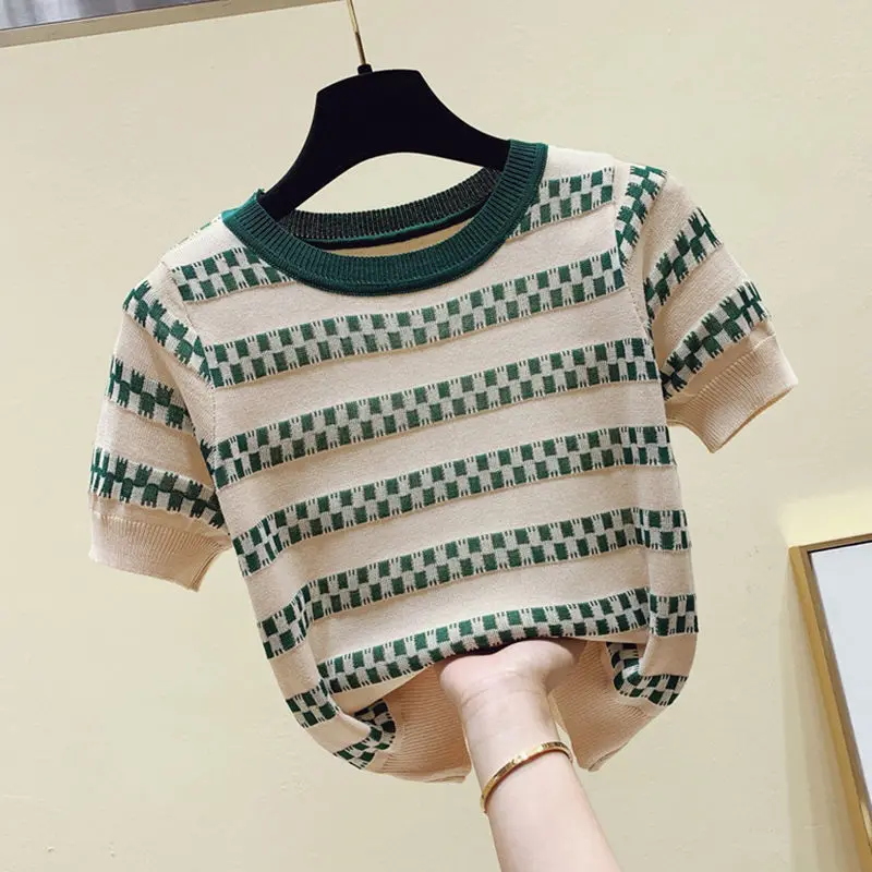 Short T-shirt Women\'s Striped Thin Knit Top 2024 Summer New Loose Thin Short Sleeved Top