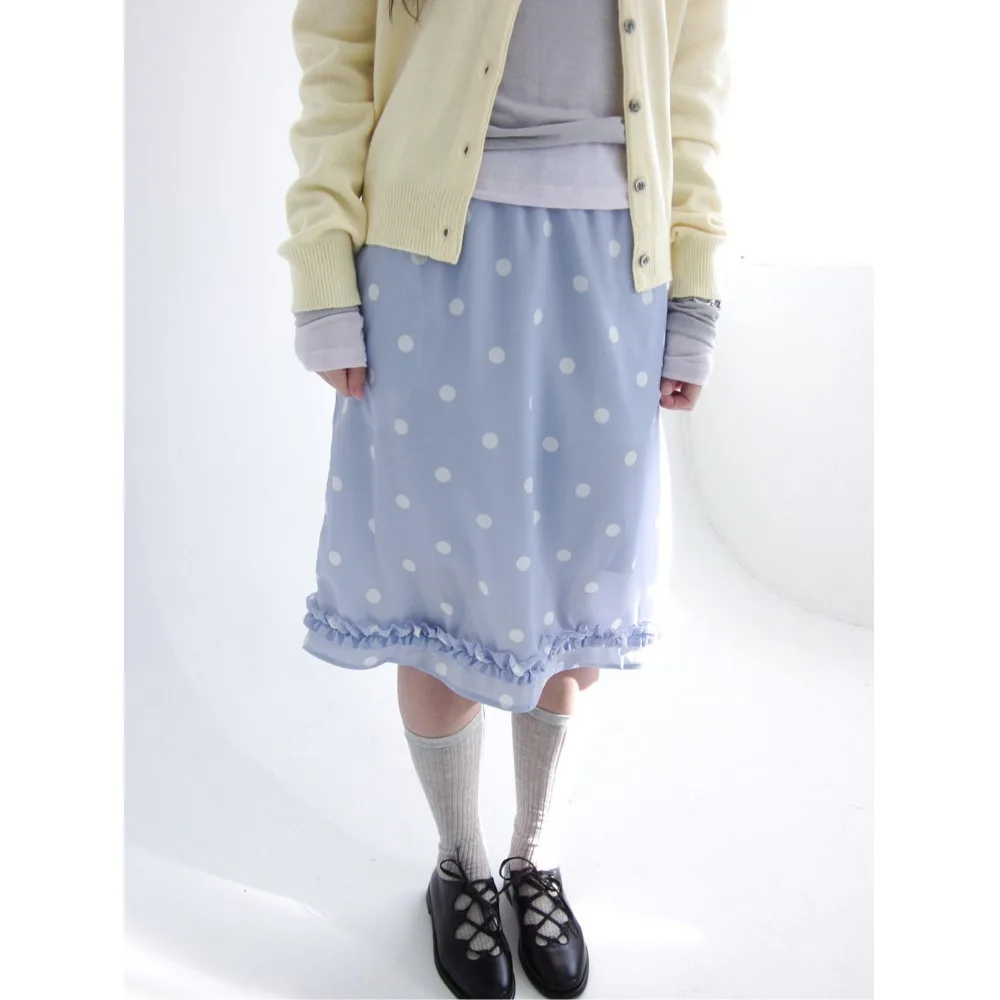 Versatile Polka Dot Half Skirt Elastic Waist Women's Commute Style Innerlined Midi Skirt Polyester Fiber Silk Luster