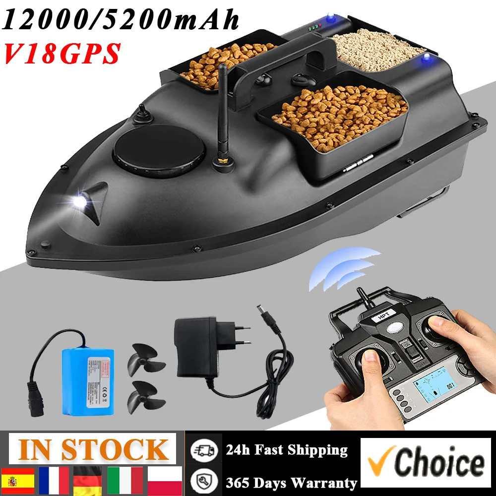 V18GPS 12000/5200mAh Fishing Bait Boat with 3 Bait Containers Wireless Bait Boat Automatic Return Function Remote Range 500m