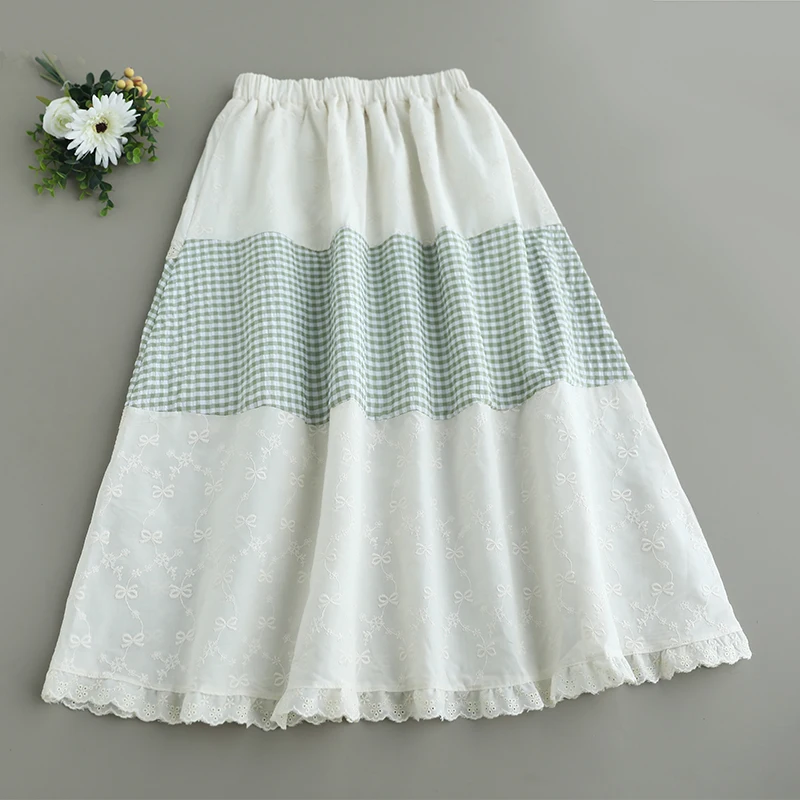 Japanese Sweet Mori Girl Vintage Plaid Embroidery Patchwork Skirts Women Summer Elastic Waist Casual Loose A-Line Midi Skirts