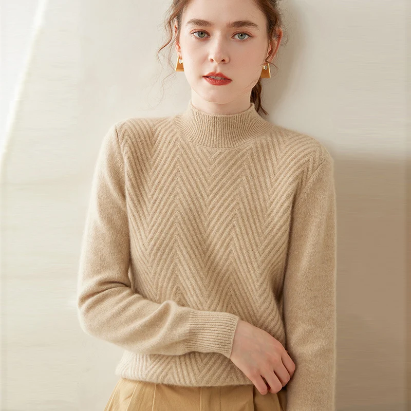 v new autumn and winter 100% cashmere loose fashion cashmere sweater women's half turtleneck pullover warm bottom knit shirt top