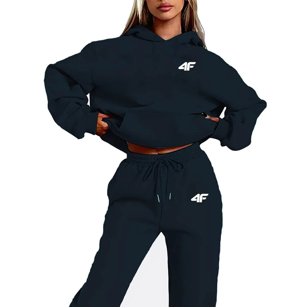 Fashion Lady 2 Piece Hoodies Set Letter Print Hooded Sweatshirt Skinny Stacked Pants Sporty Tracksuit Outfit