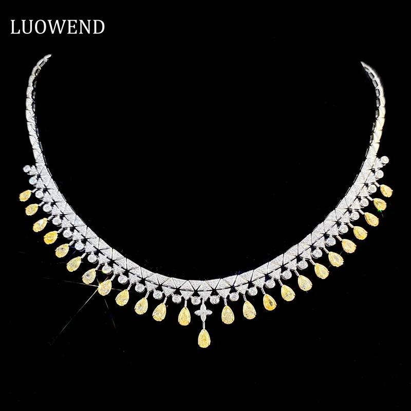 LUOWEND 18K White Gold Necklace 31gram Luxury Elegant Design Real Natural Yellow Diamond Necklace for Women Senior Banquet