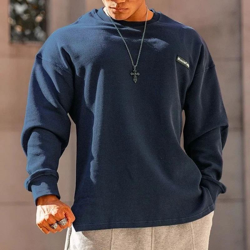 

Весенне-осенняя однотонная американская ретро спортивная футболка для фитнеса с длинными рукавами, мужская свободная удобная дышащая футболка большого размера