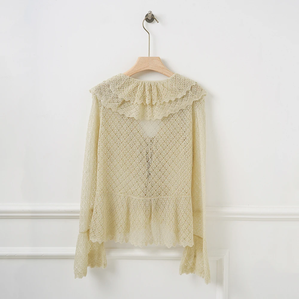 Women's Linen Blend Lace Crochet Cardigan V Neck Ruffle Trim Flare Sleeve Sheer Knit Cover Up Top New Y2K for Summer 2026