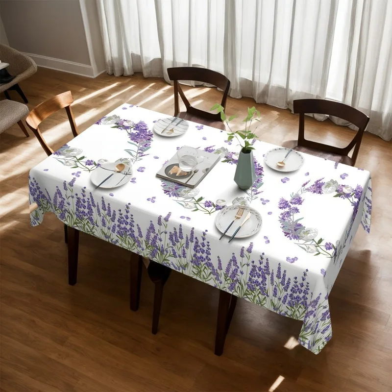 1pc Polyester Tablecloth, Spring Summer Lavender Blossom Party Tablecloth, Floral Pastoral Style Pattern Table Cover for Party P
