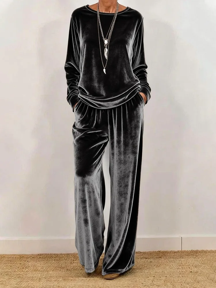 Women's Velvet 2 Piece Set Long Sleeve round Neck Top with Wide Leg Pants Casual Loose Tracksuit Outfit