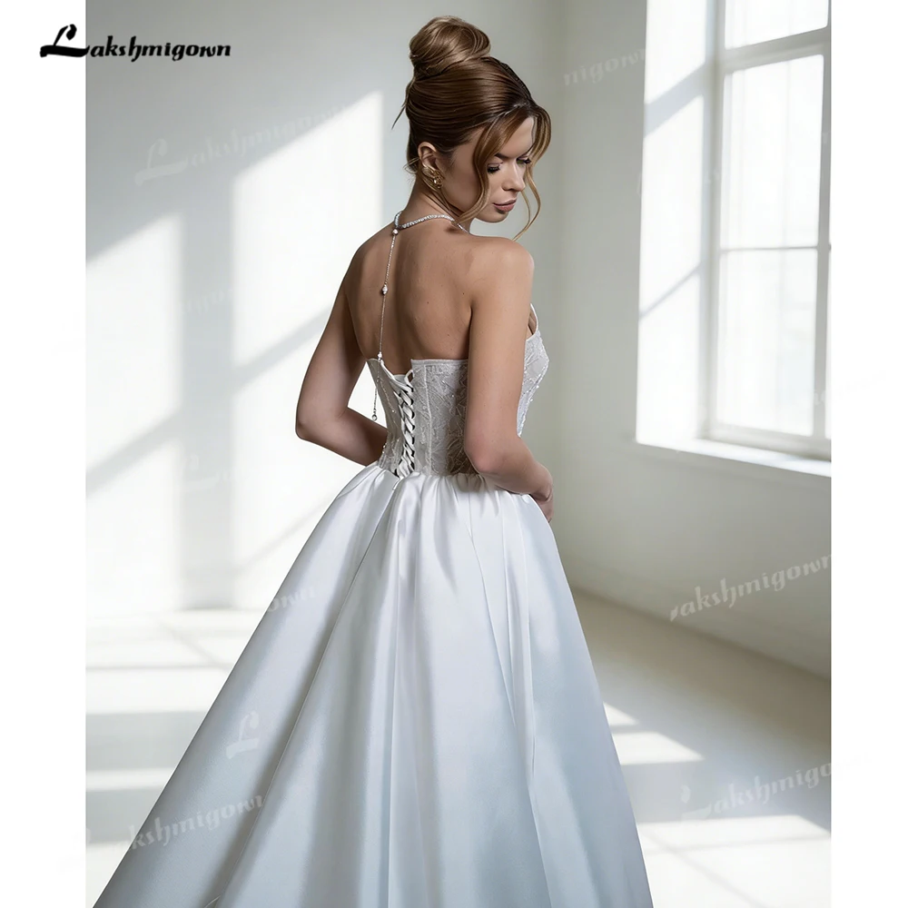 Strapless Lace Satin Ball Gown Wedding Dress 2026 Lace Up Back Abito Da Sposa with Train Formal Wedding Dress for Bride Customiz