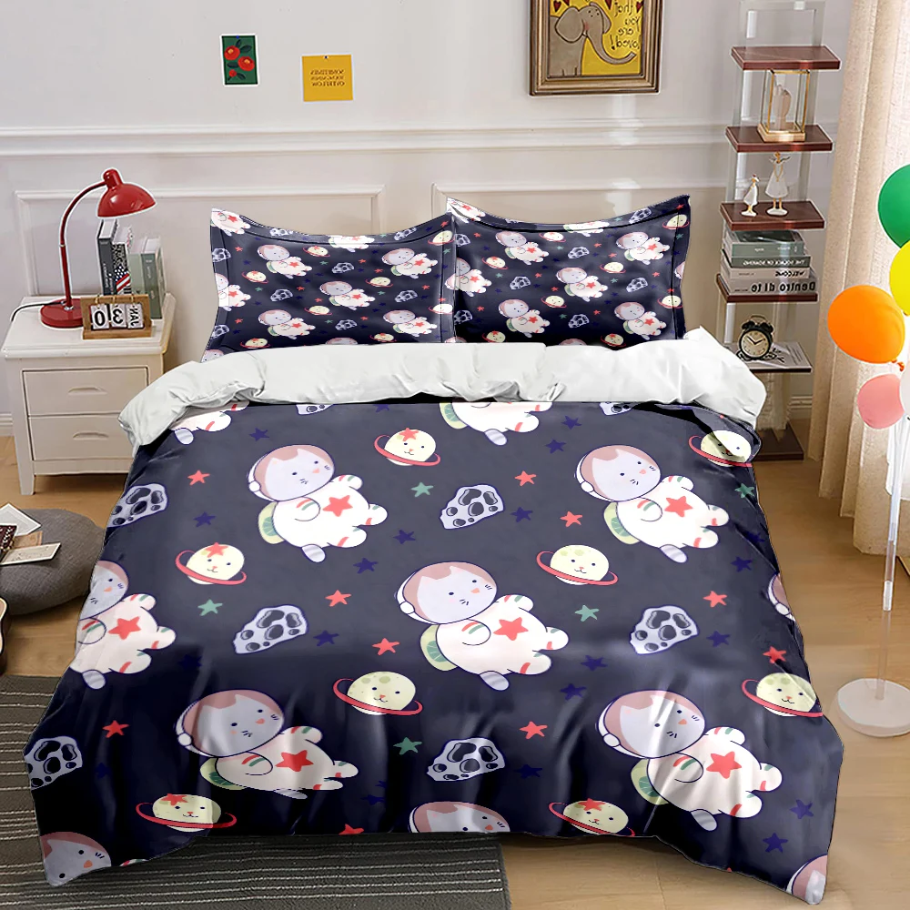 Space-themed cartoon patterns Print Bedding Set 1 Duvet Cover 2 Pillowcases for Adult and Children Luxury Gift Full Size