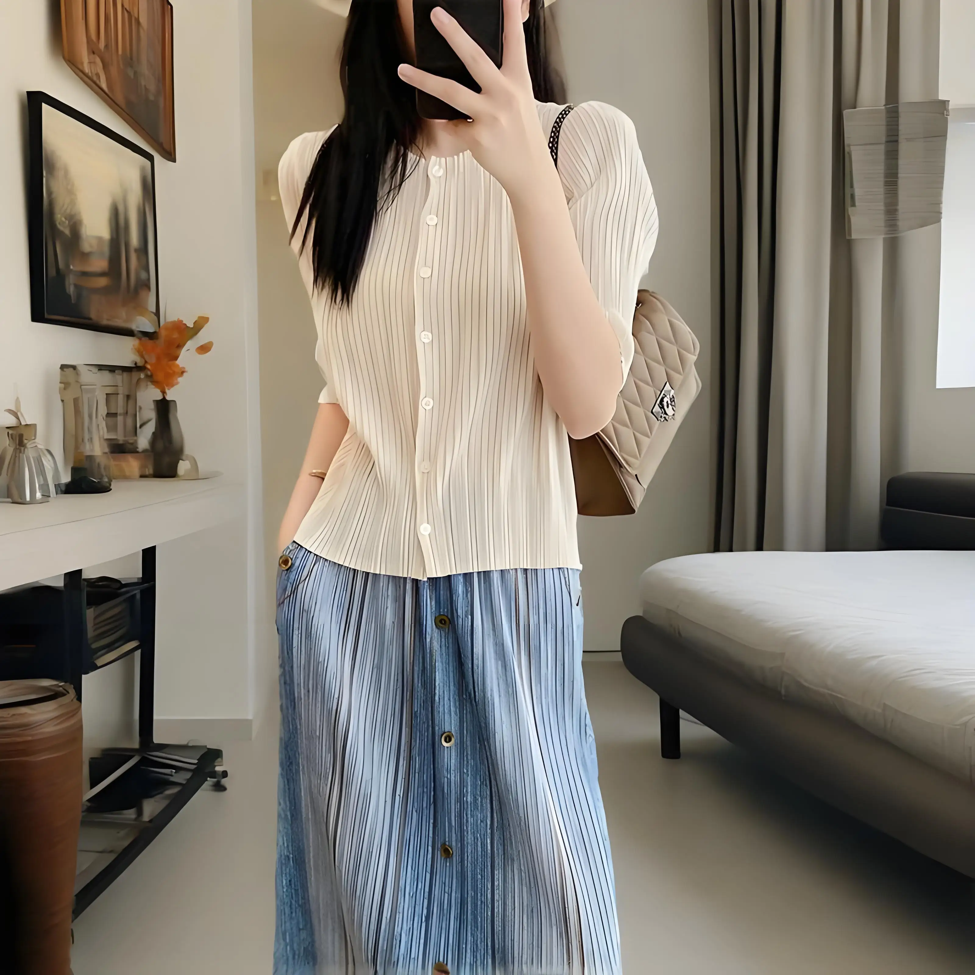 

Miyake 2025 Summer New Short-sleeved Fashion Temperament Suit Women's Crew Neck Cardigan Top High Waist Imitation Denim Skirt