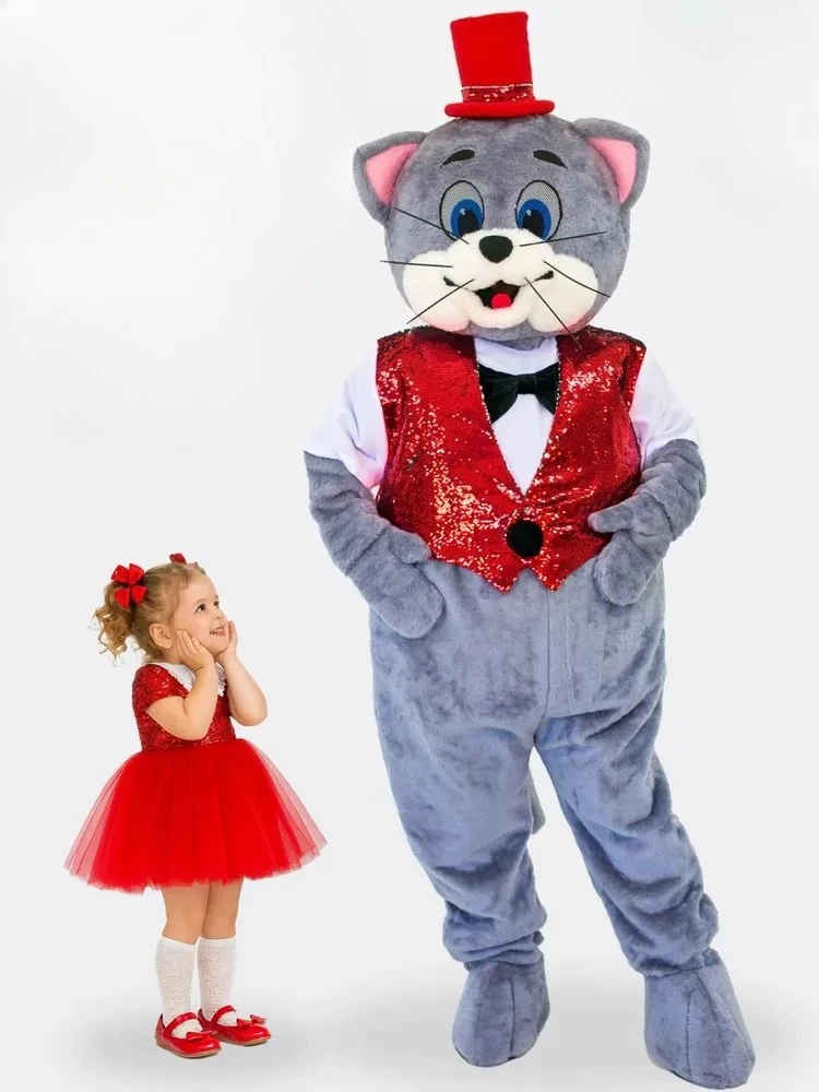 

New Cute Grey Cat Doll Costume in Red Set for Carnival Event Set Fancy Cartoon Mascot Costume Plush Party Performance Show