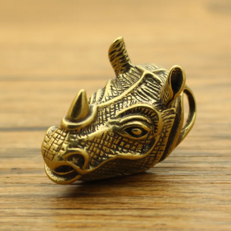 New Brass Rhinoceros Head Decorative Figurines DIY Accessoires Miniatures Car Keychain Pendant Retro Rhinoceros Metal Figurine