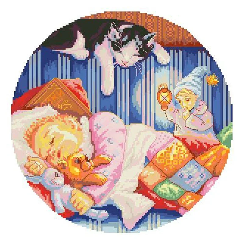 Amishop Gold Collection Counted Cross Stitch Kit Sandman-Keeper Of Children's Dre Sleeping Baby And Cat Angel Guardian D-1300