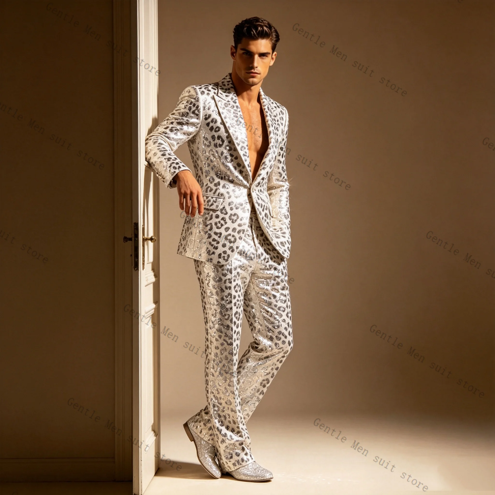 Sequins Leopard Print Men Suit Set 2 Pcs Blazer+Pants Trousers Wedding Tuxedos Formal Office Business Jacket Coat Customized