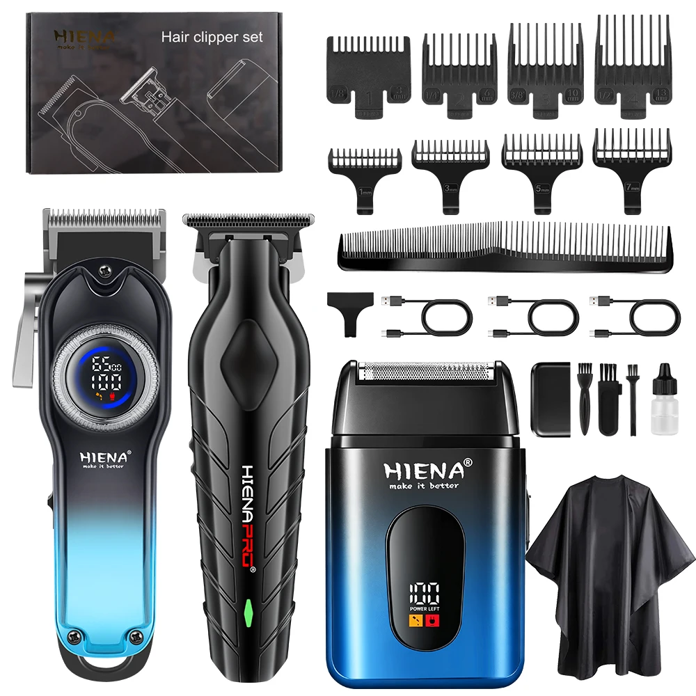 hiena-3pcs-cordless-barber-hair-clipper-trimmer-shaver-lcd-usb-rechargeable-hairdressing-grooming-kit