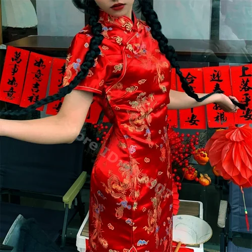 Imagen 2 del producto Qipao Cheongsam de satén para mujer, vestido de estilo chino, Vintage, cuello mandarín, tamaño grande, 4XL, 5XL, 6XL