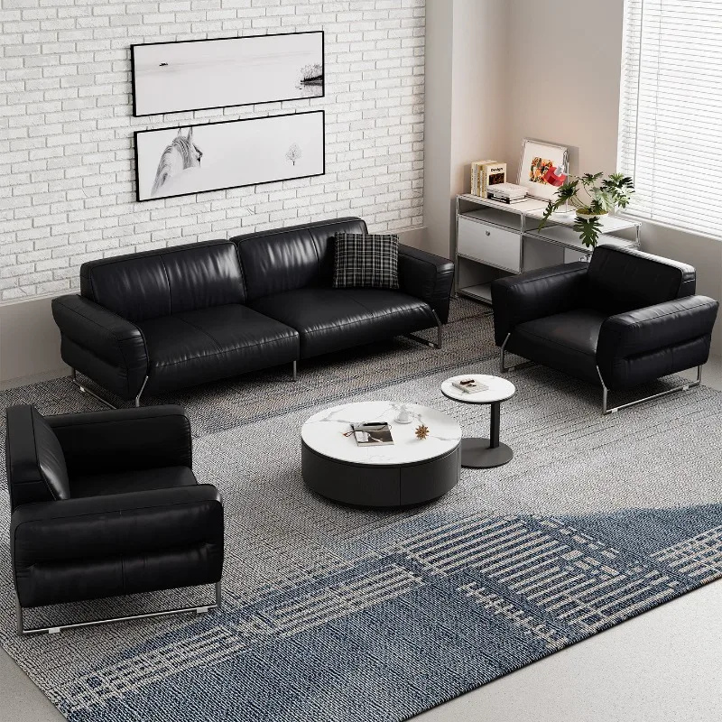 

Design sense stainless steel metal leather business meeting office sofa three people