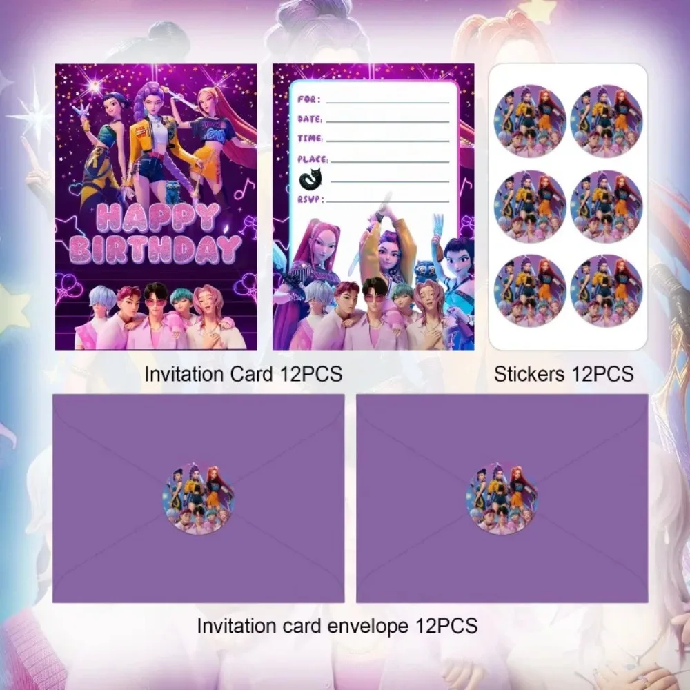 2025 Hot Anime KPOP Demon Hunters Birthday Invitation Card Sticker New 12pcs Party Supplies Set