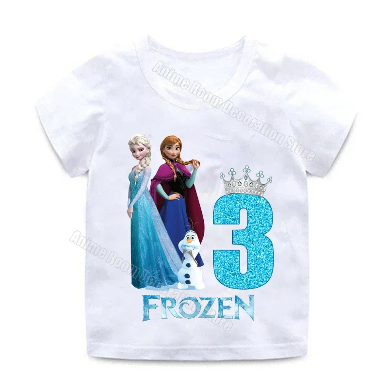 T-shirt Disney Frozen Princess per ragazza Compleanno Numero Tee Anna Elsa Cartoon Top in cotone Baby Shower Bomboniere Abiti estivi Regalo