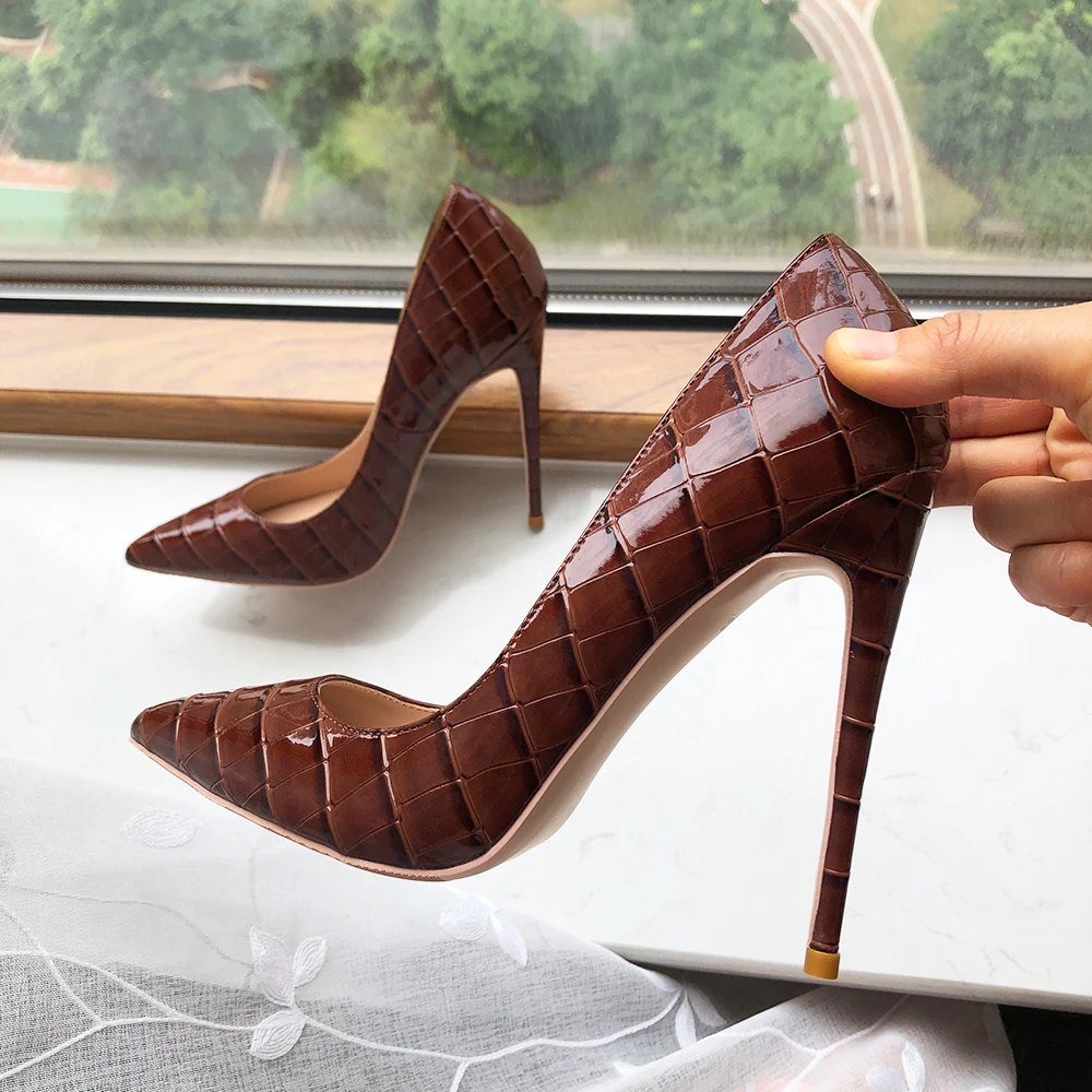 Tikicup Coffee Brown Crocodile Effect Women Pointy Toe High Heel Party Shoes Soft Comfortable Sexy Stiletto Pumps Plus Size