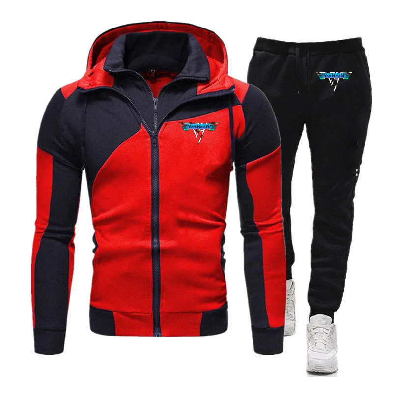 2024 Frühling Herbst neue Herren Van Halen Logo Druck beliebte Spleiß Baumwolle Kapuze Trainings anzug Kordel zug Jogging Jogging hose Sets