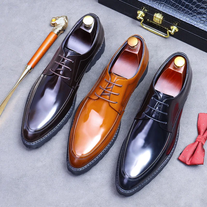 US 6-12 Big Size Men's Bright Patent Leather Formal Dress Shoes  British Mature Man Casual Pointed Toe Heightening Derby Oxfords