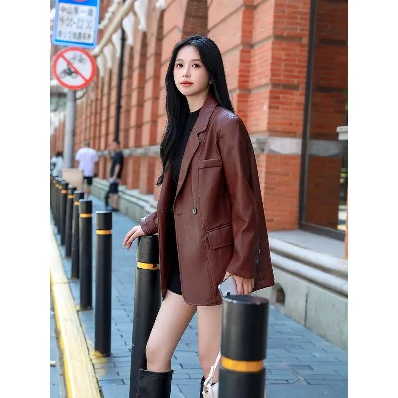 

Korean Fashion Straight Tube Leather Jacket Women's Autumn New Style Loose and High-end Suit PU Coat Female Clothing