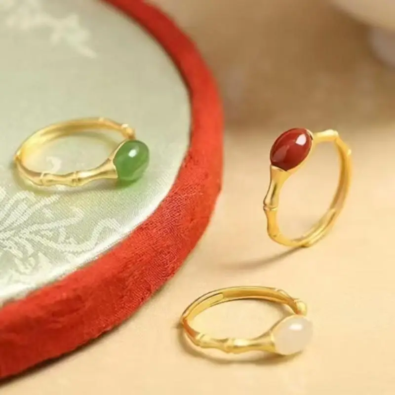 Green Natural Jade Red Agate Ring Bamboo: Stone Carved Gemstone Vintage Lucky Talisman Adjustable