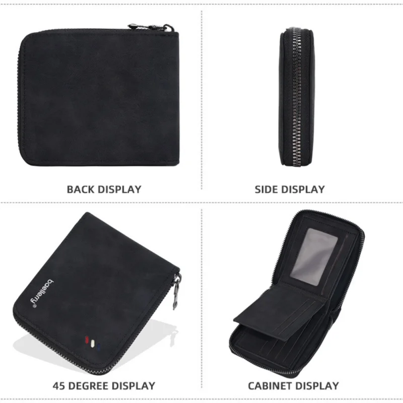 新しいメンズショートウォレット、ファッショナブルな横型ジッパー三つ折り小銭入れ、マットPU小型財布、マルチスロットカードケース