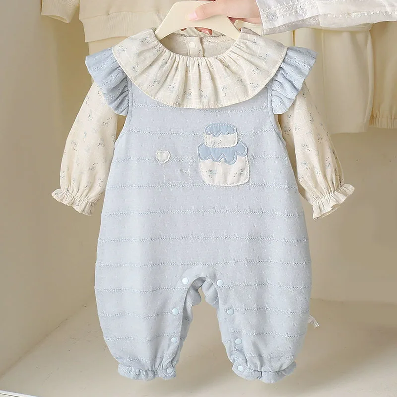 2-ピース春秋女の子衣装セット韓国漫画かわいい綿ピーターパン襟花トップス-ベビーロンパース幼児服-b253